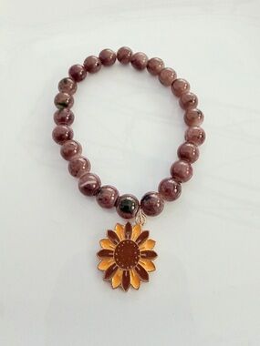 Brown Beaded Bracelet with Gold Sunflower Charm Floral Fall Jewelry